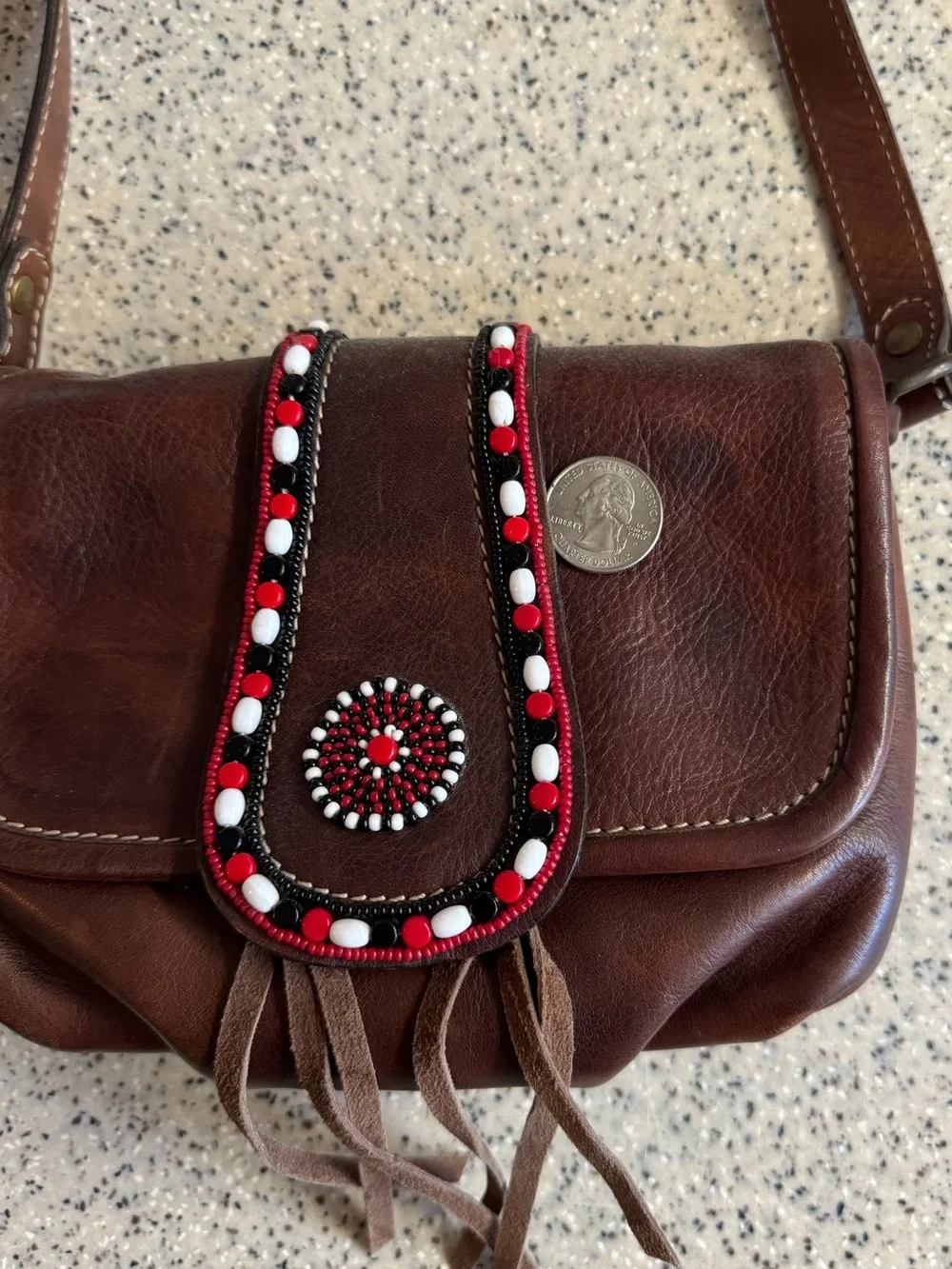Pikolinos Boho Beaded Brown Leather Crossbody With Red/White/Black Beading